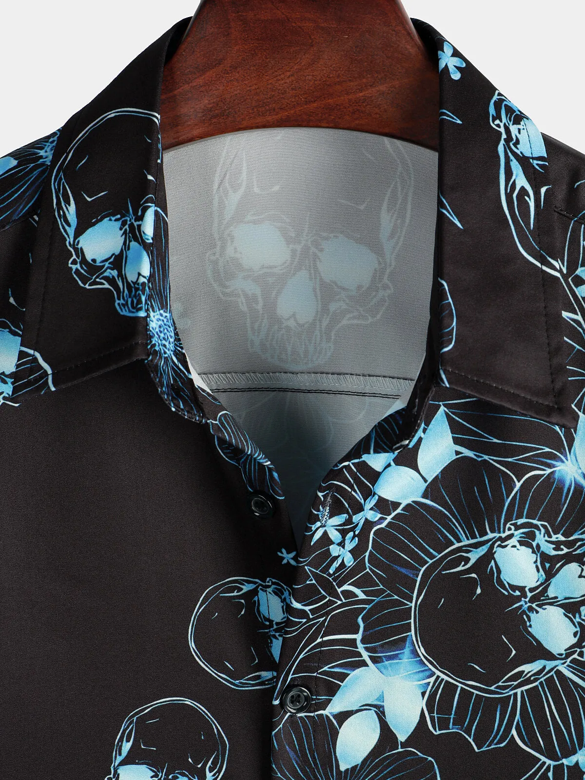 Men's Casual Blue Floral Skull Print Cool Button Short Sleeve Shirt