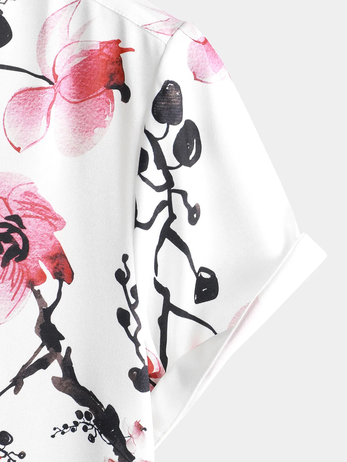 Men's Casual Pink Floral Print Summer Button Up Flower Short Sleeve Cherry Blossom Shirt
