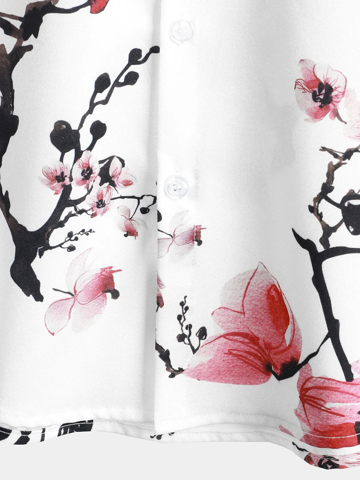 Men's Casual Pink Floral Print Summer Button Up Flower Short Sleeve Cherry Blossom Shirt