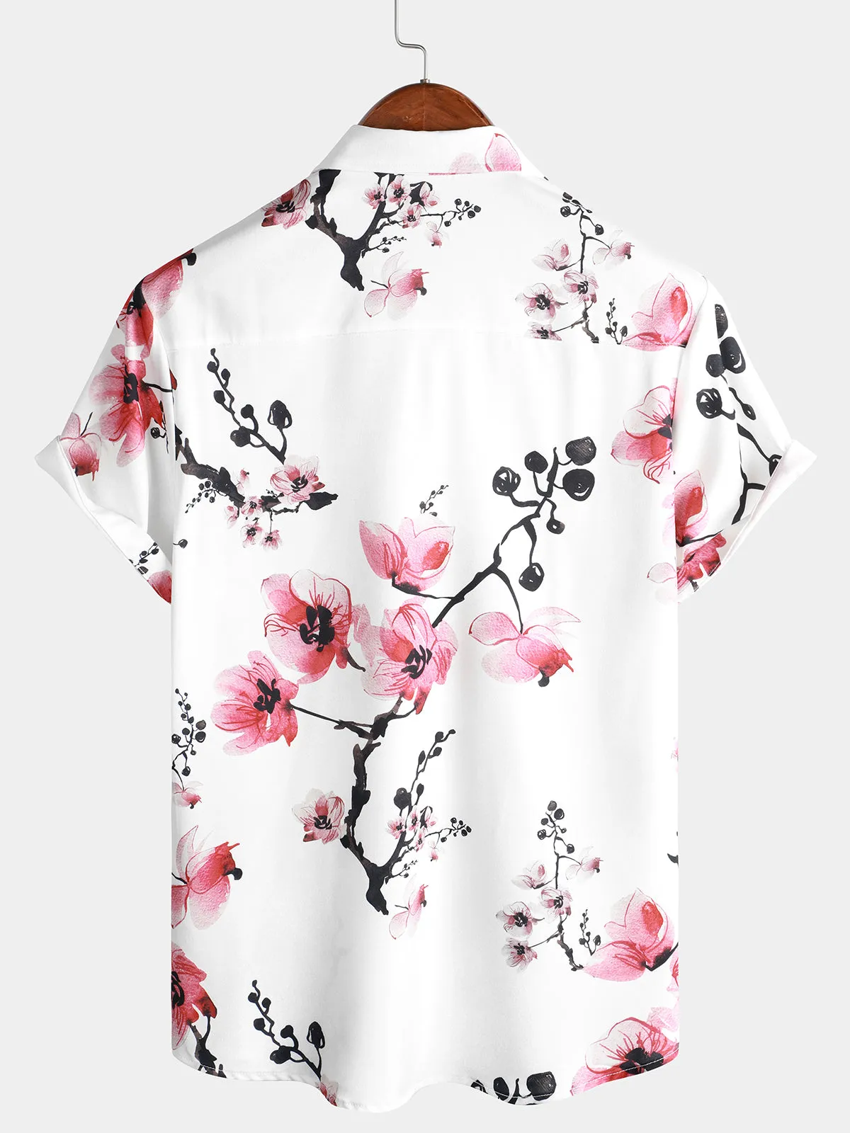 Men's Casual Pink Floral Print Summer Button Up Flower Short Sleeve Cherry Blossom Shirt