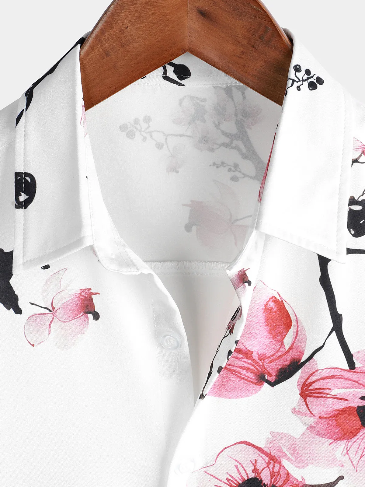 Men's Casual Pink Floral Print Summer Button Up Flower Short Sleeve Cherry Blossom Shirt