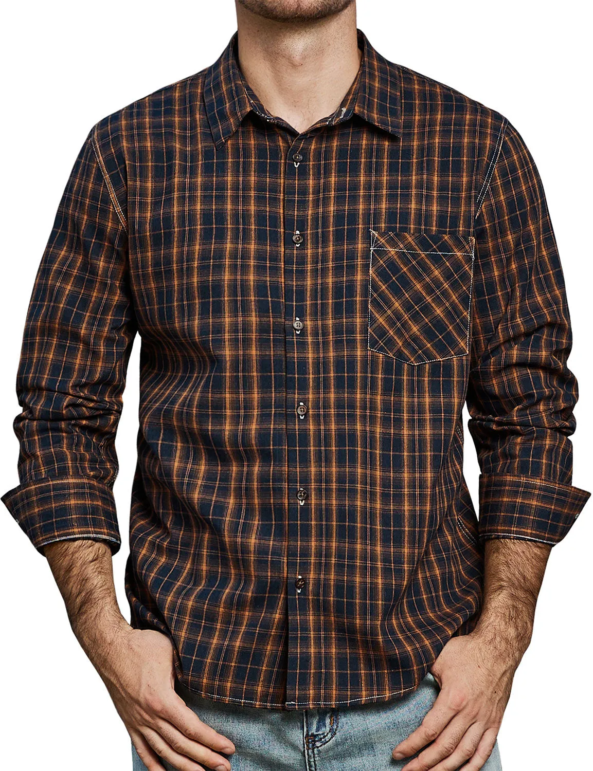 Men's Casual Retro Plaid Pocket Long Sleeve Dress Shirt