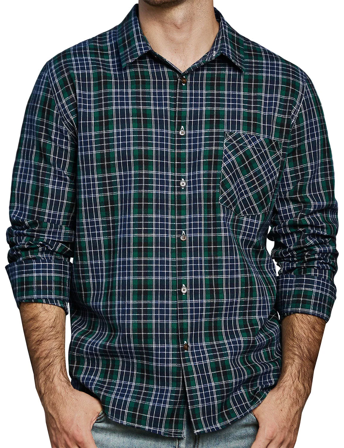 Men's Casual Retro Plaid Pocket Long Sleeve Dress Shirt