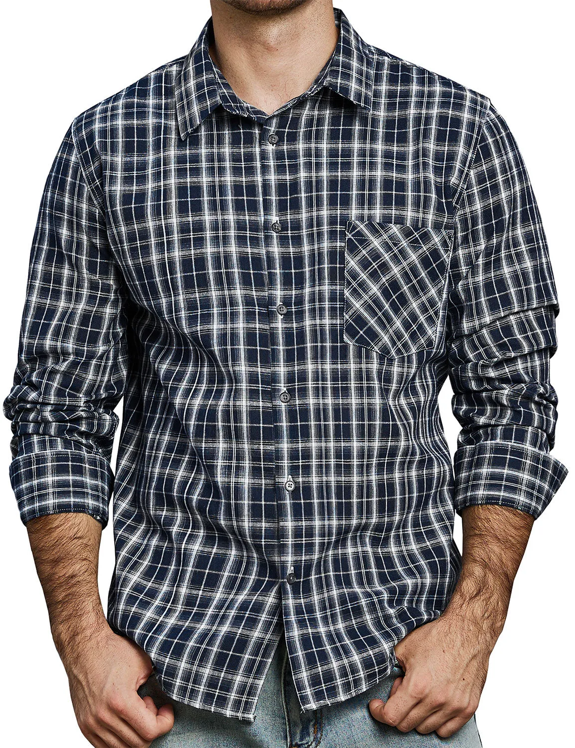 Men's Casual Retro Plaid Pocket Long Sleeve Dress Shirt