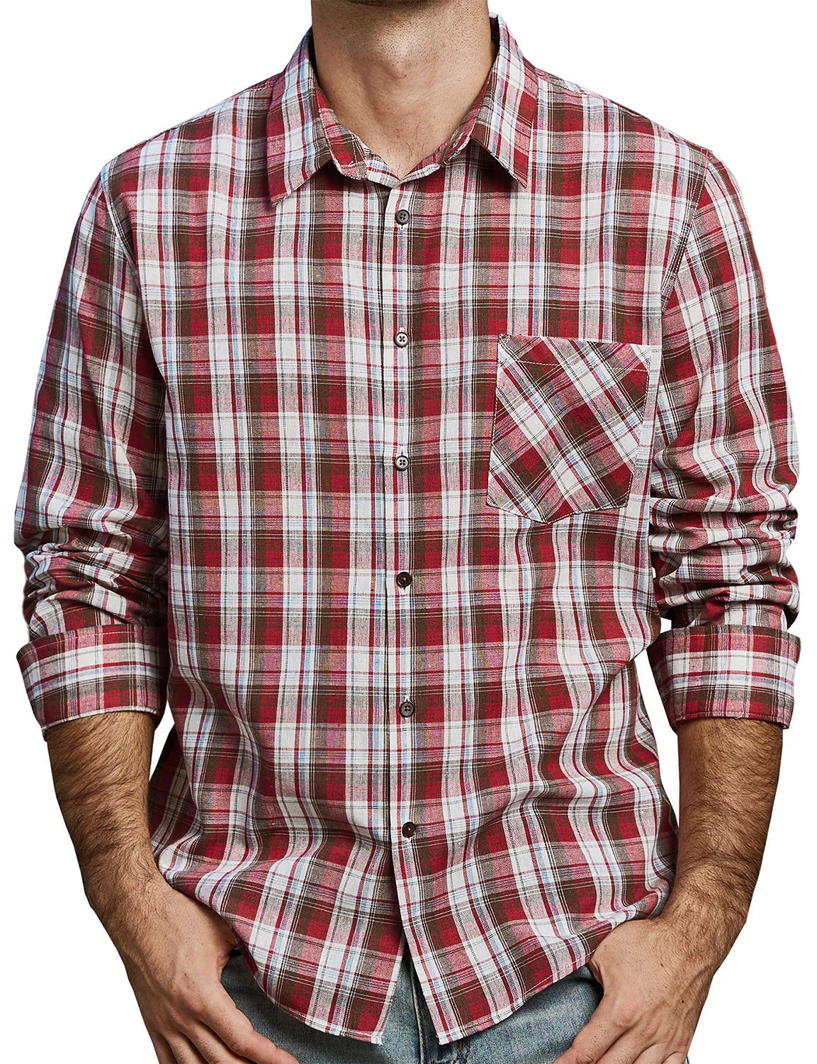 Men's Casual Retro Plaid Pocket Long Sleeve Dress Shirt