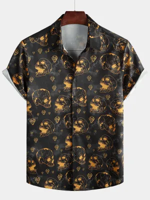 Men's Cool Orange Skull Diamond Print Rock and Roll Button Up Short Sleeve Shirt