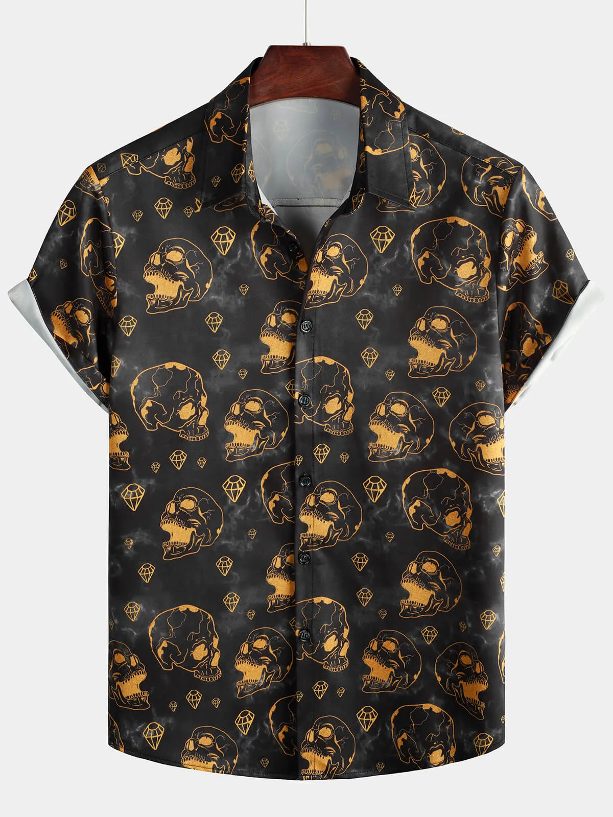 Men's Cool Orange Skull Diamond Print Rock and Roll Button Up Short Sleeve Shirt