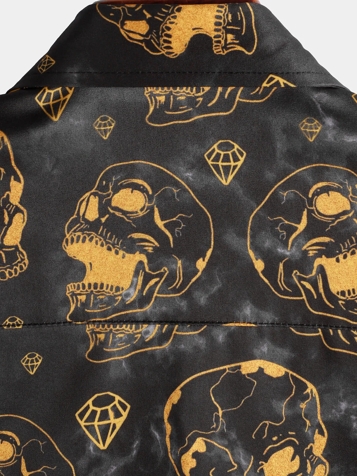 Men's Cool Orange Skull Diamond Print Rock and Roll Button Up Short Sleeve Shirt