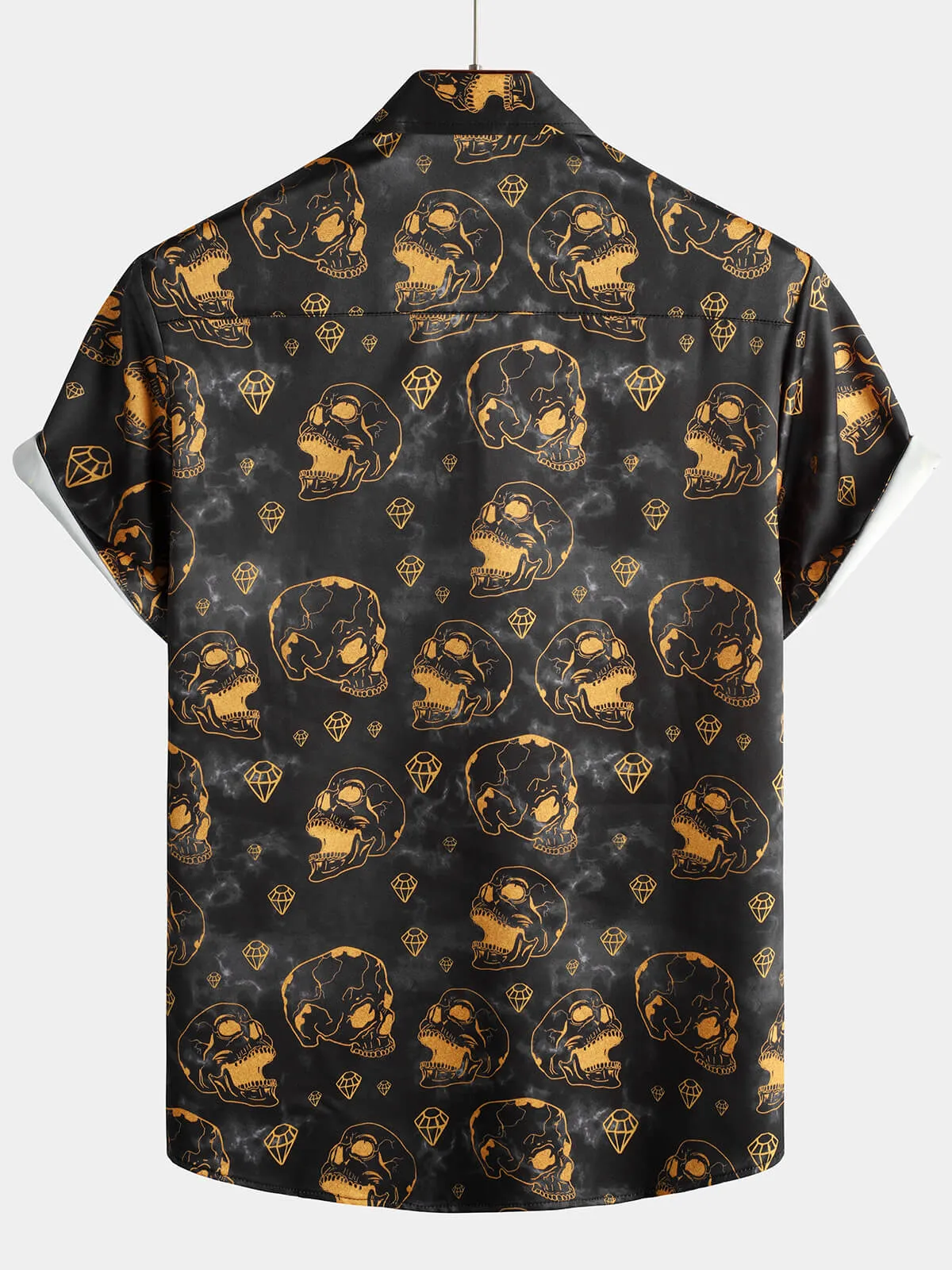 Men's Cool Orange Skull Diamond Print Rock and Roll Button Up Short Sleeve Shirt
