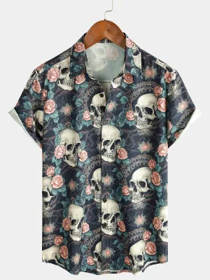 Men's Cool Skull Punk Rock Holiday Beach Short Sleeve Summer Shirt