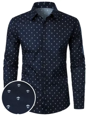 Men's Cotton Anchor Print Casual Button Up Long Sleeve Shirt