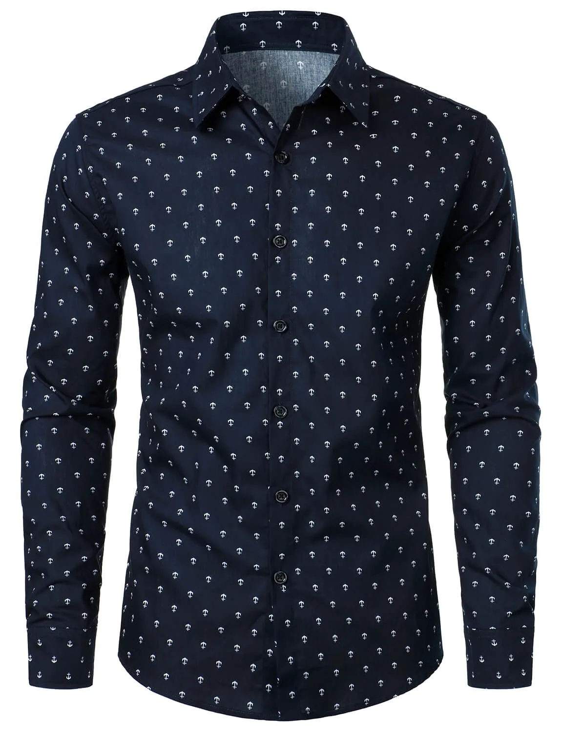 Men's Cotton Anchor Print Casual Button Up Long Sleeve Shirt