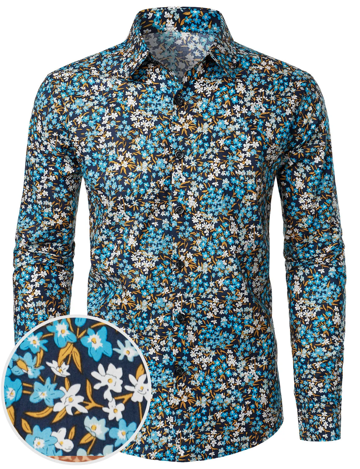 Men's Cotton Blue Floral Button Up Long Sleeve Shirt