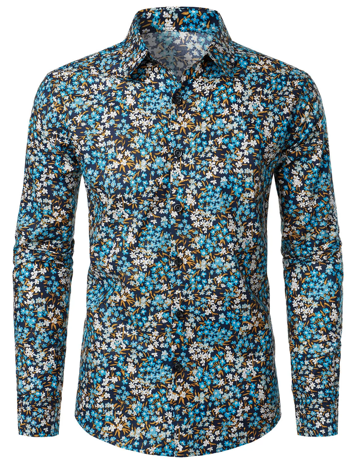 Men's Cotton Blue Floral Button Up Long Sleeve Shirt