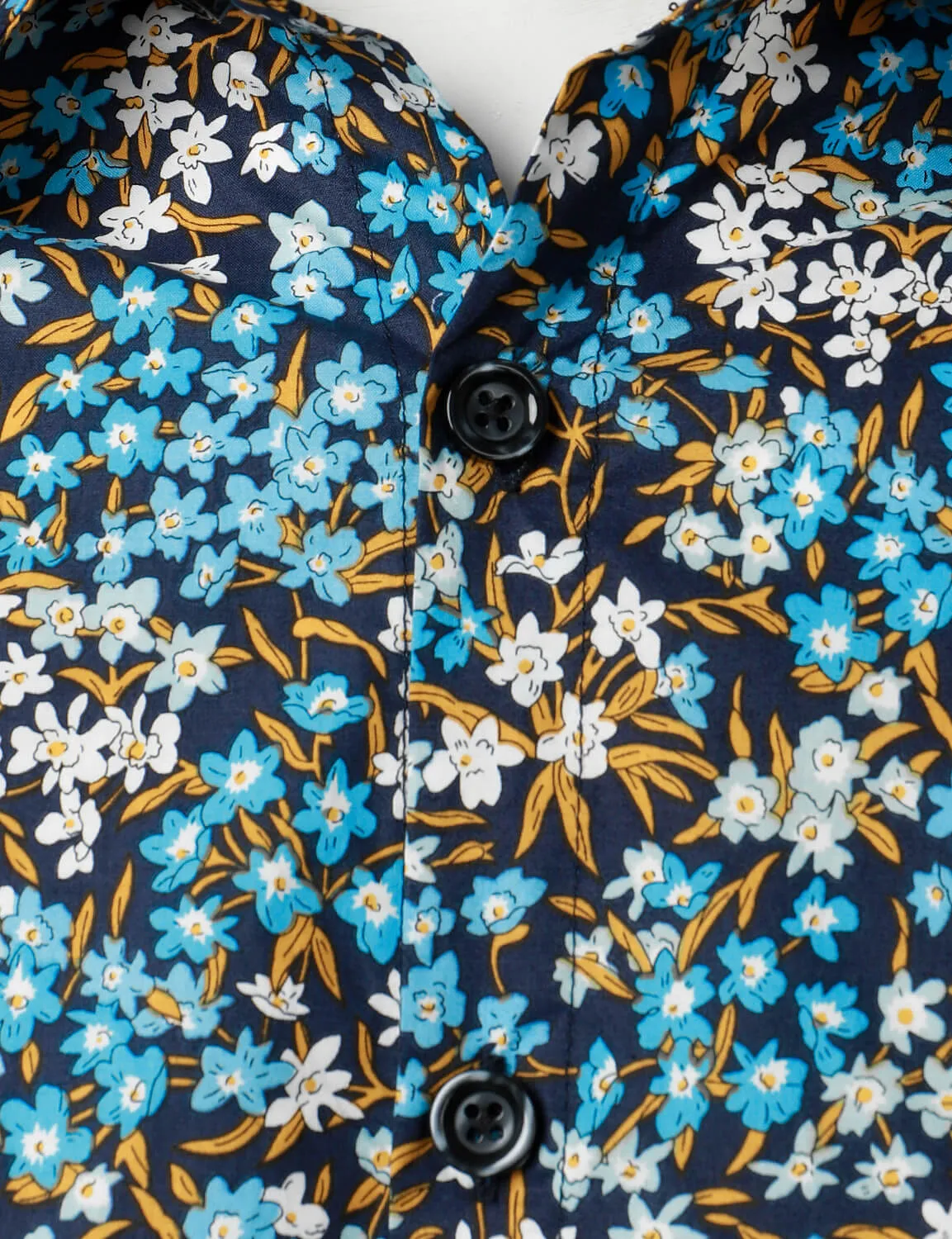 Men's Cotton Blue Floral Button Up Long Sleeve Shirt