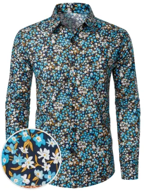Men's Cotton Blue Floral Button Up Long Sleeve Shirt