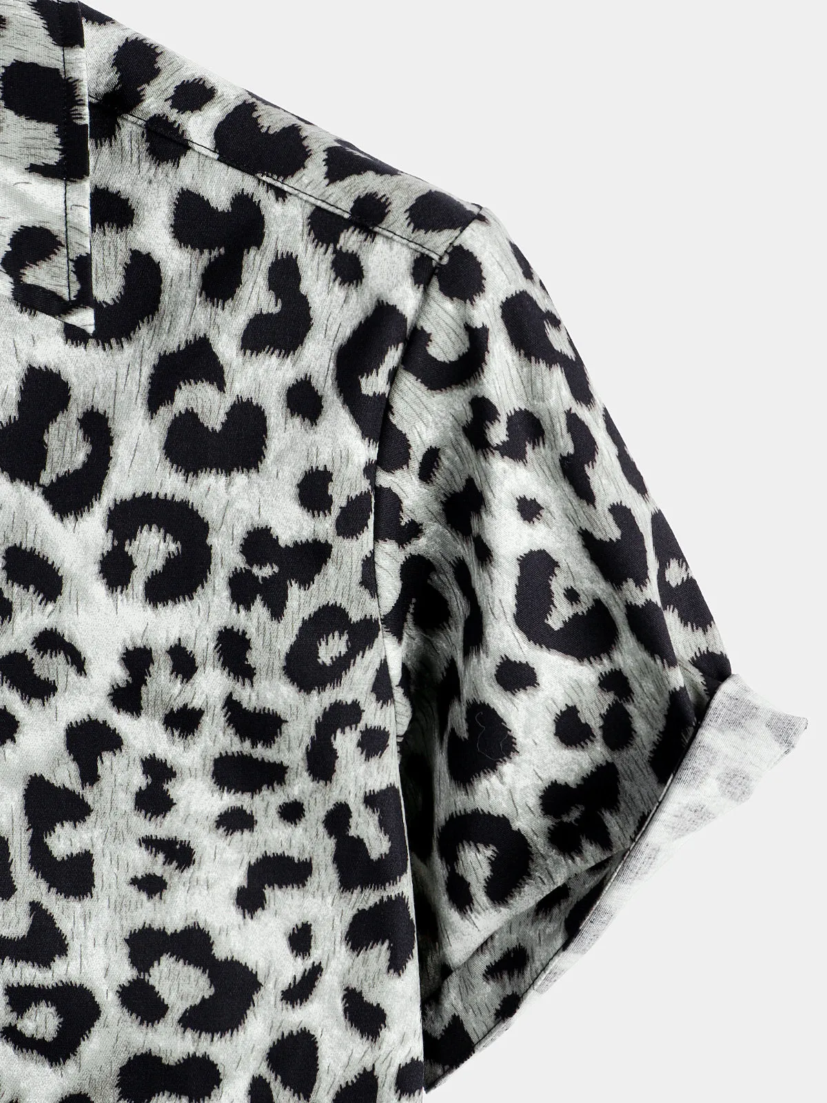 Men's Cotton Casual White Leopard Animal Print Cheetah Rock Short Sleeve Shirt