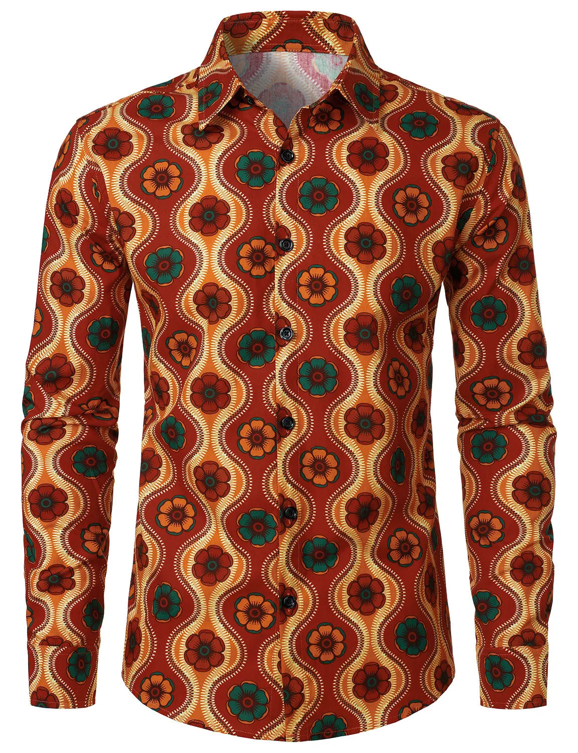 Men's Cotton Retro 70s Floral Print Long Sleeve Button Up Shirt