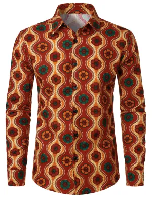 Men's Cotton Retro 70s Floral Print Long Sleeve Button Up Shirt