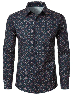 Men's Cotton Retro Print Button Up Casual Long Sleeve Shirt