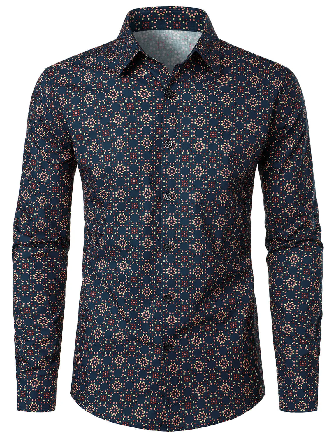 Men's Cotton Retro Print Button Up Casual Long Sleeve Shirt