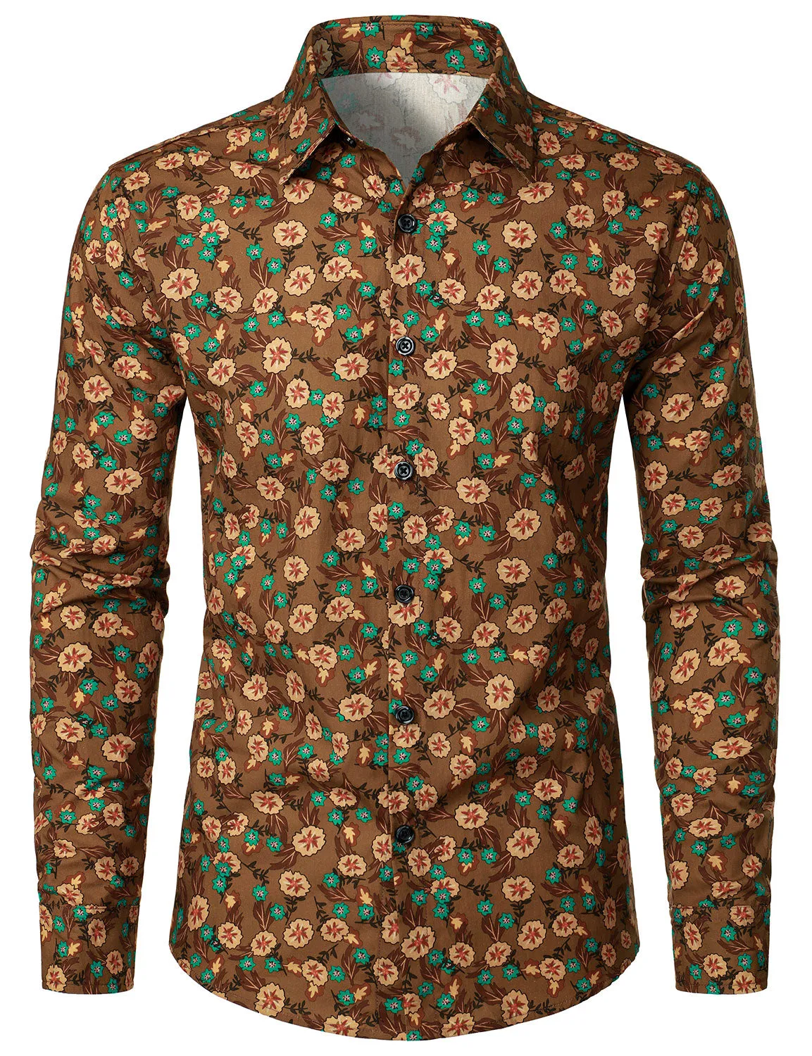 Men's Floral Casual Cotton Brown Long Sleeve Dress Shirt