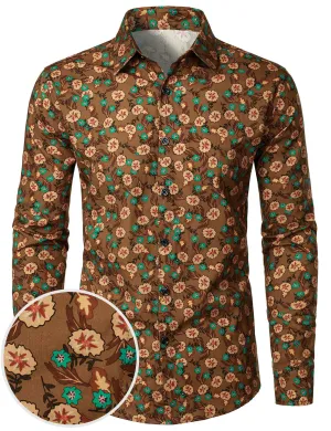 Men's Floral Casual Cotton Brown Long Sleeve Dress Shirt