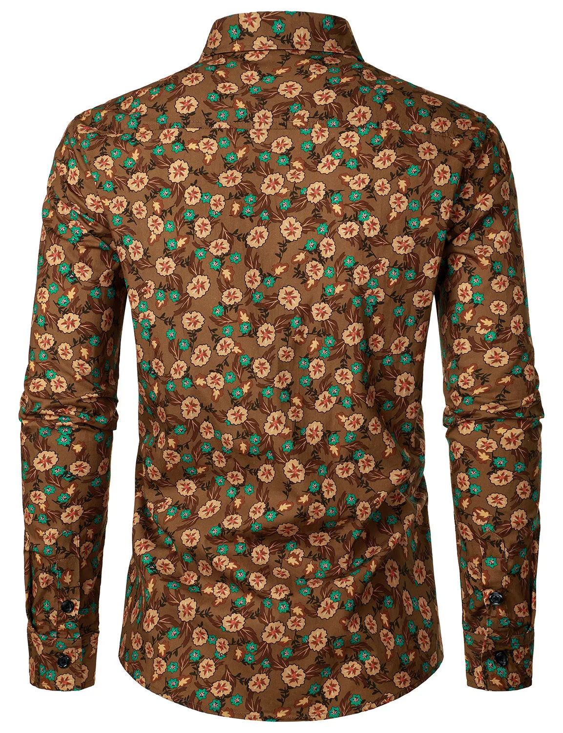 Men's Floral Casual Cotton Brown Long Sleeve Dress Shirt