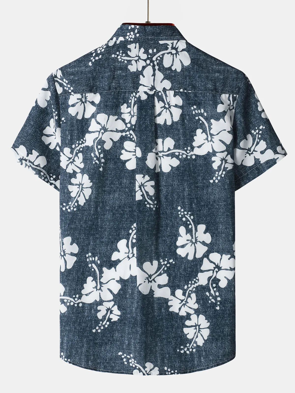 Men's Floral Hawaiian Pocket Navy Blue Button Up Short Sleeve Shirt