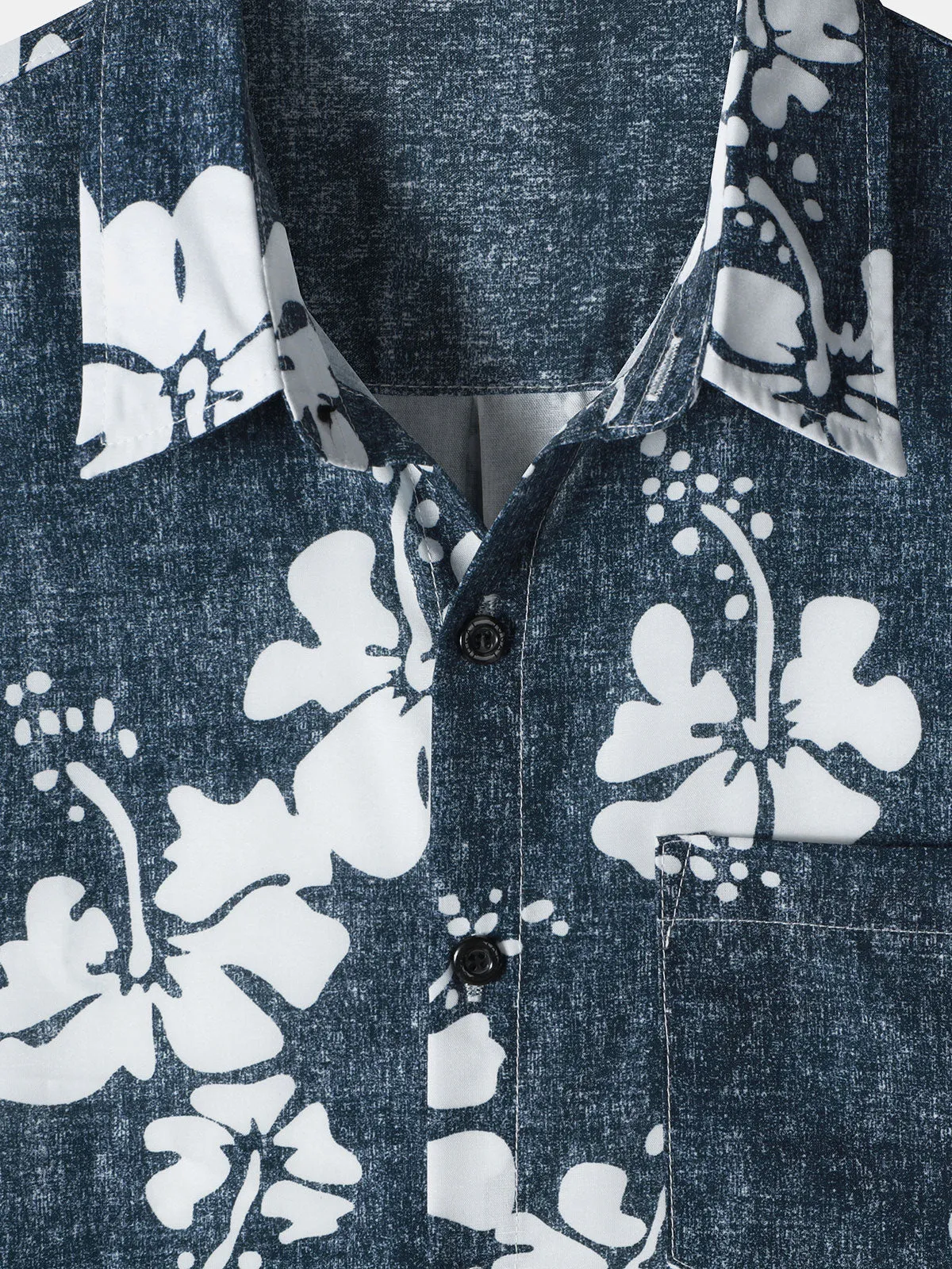 Men's Floral Hawaiian Pocket Navy Blue Button Up Short Sleeve Shirt