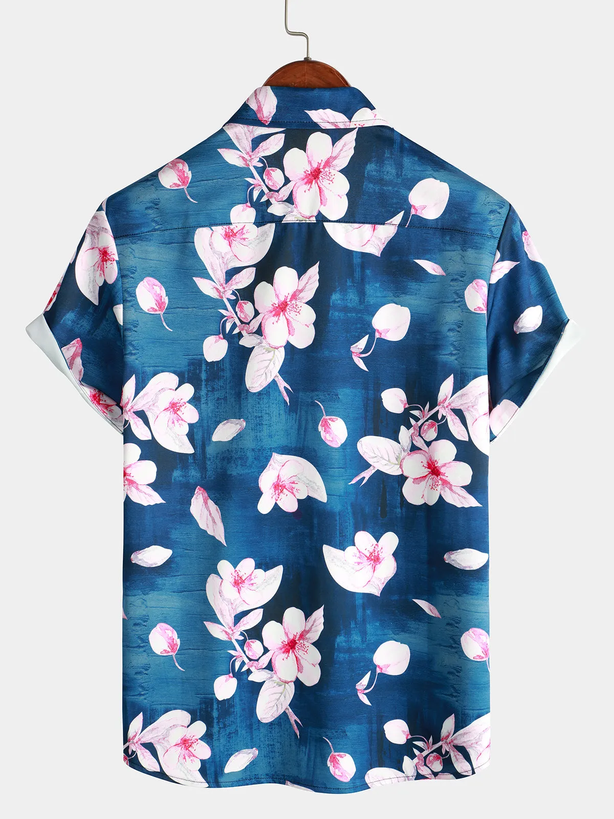 Men's Floral Print Button Up Casual Lapel Navy Blue Short Sleeve Resort Summer Shirt