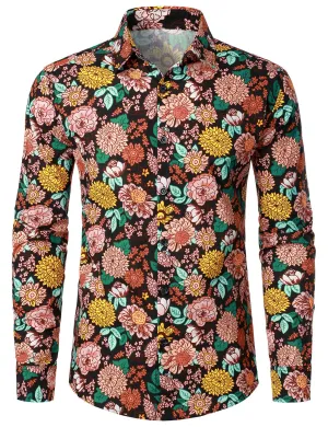 Men's Floral Print Cotton Button Up Casual Long Sleeve Shirt