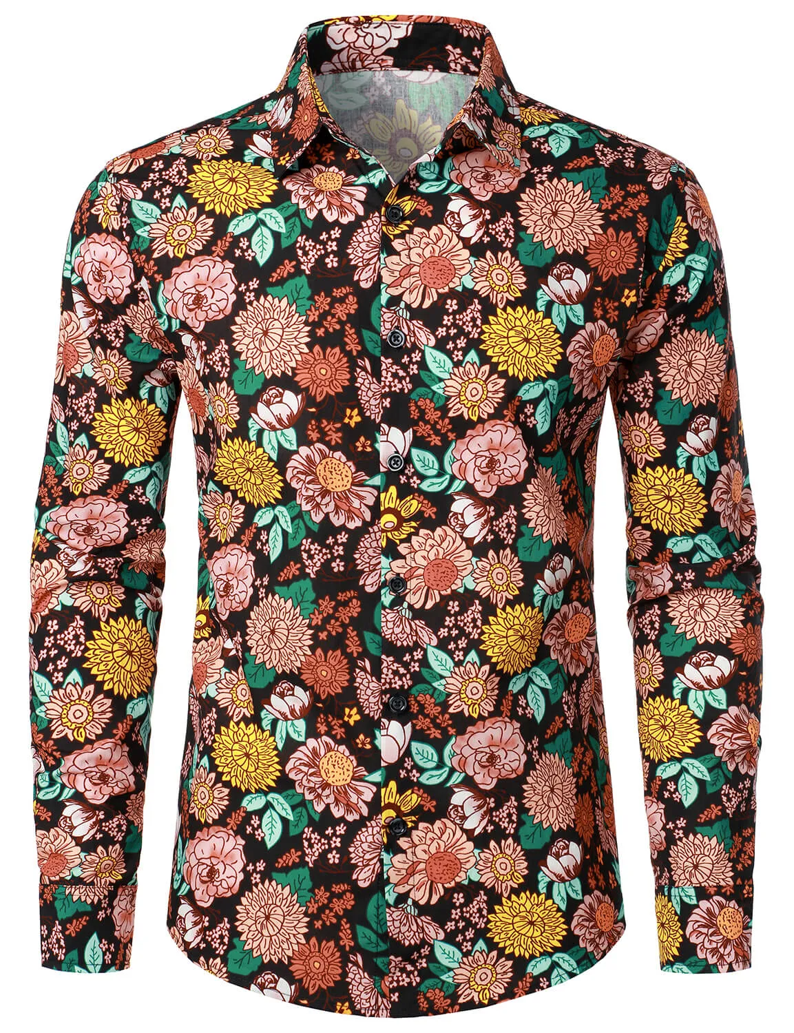 Men's Floral Print Cotton Button Up Casual Long Sleeve Shirt