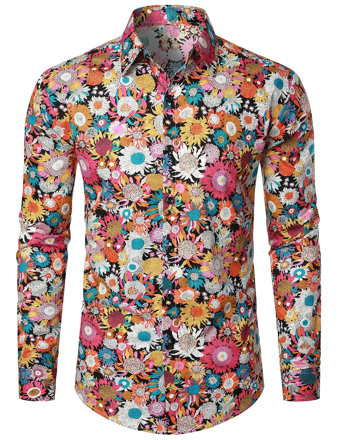 Men's Floral Print Cotton Flower Button Up 70s Long Sleeve Dress Shirt