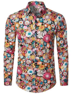 Men's Floral Print Cotton Flower Button Up 70s Long Sleeve Dress Shirt