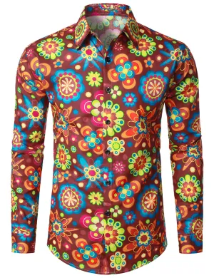 Men's Floral Print Cotton Party Flower Disco Button Up Long Sleeve Shirt