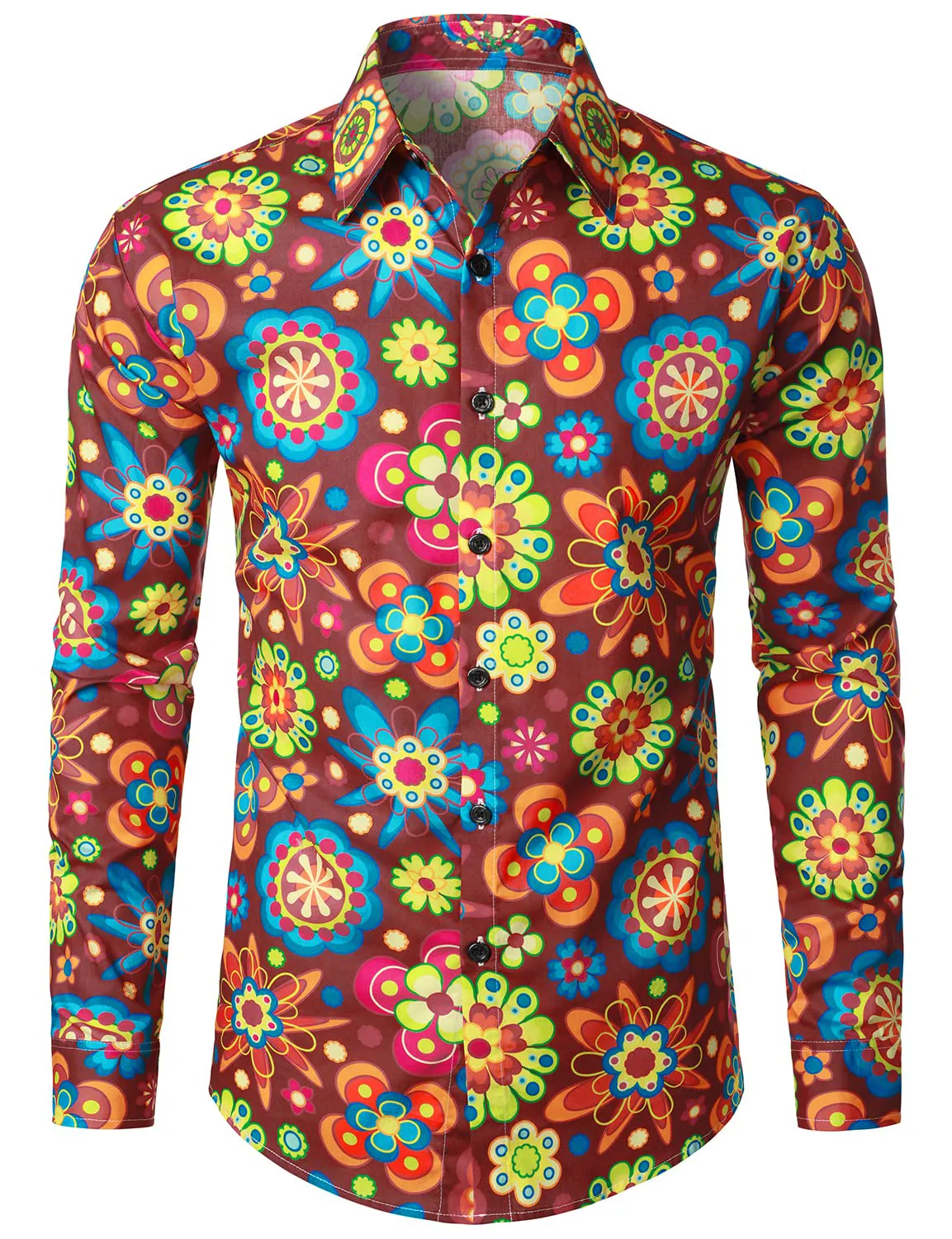 Men's Floral Print Cotton Party Flower Disco Button Up Long Sleeve Shirt