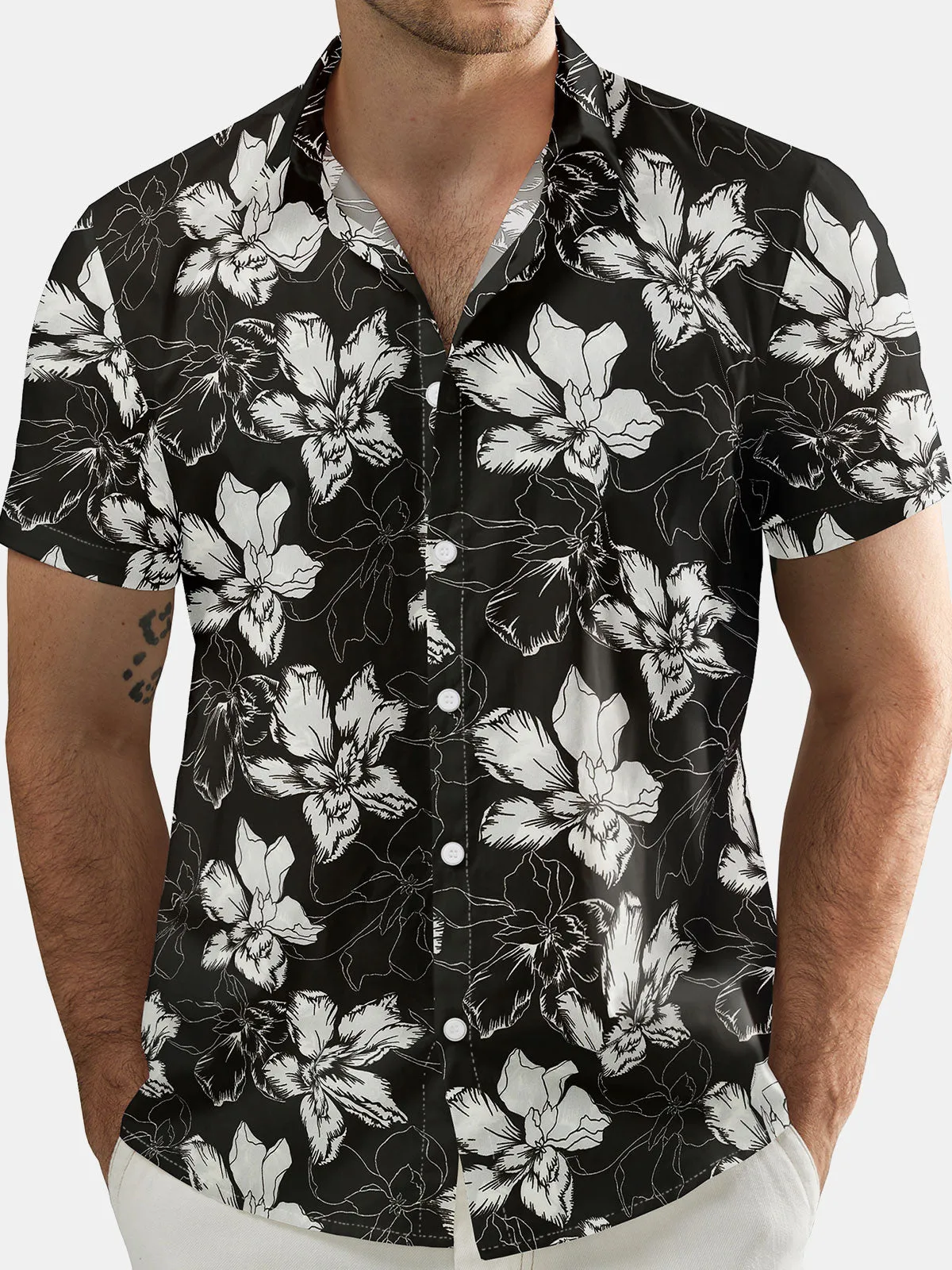 Men's Floral Summer Holiday Black Short Sleeve Hawaiian Shirt