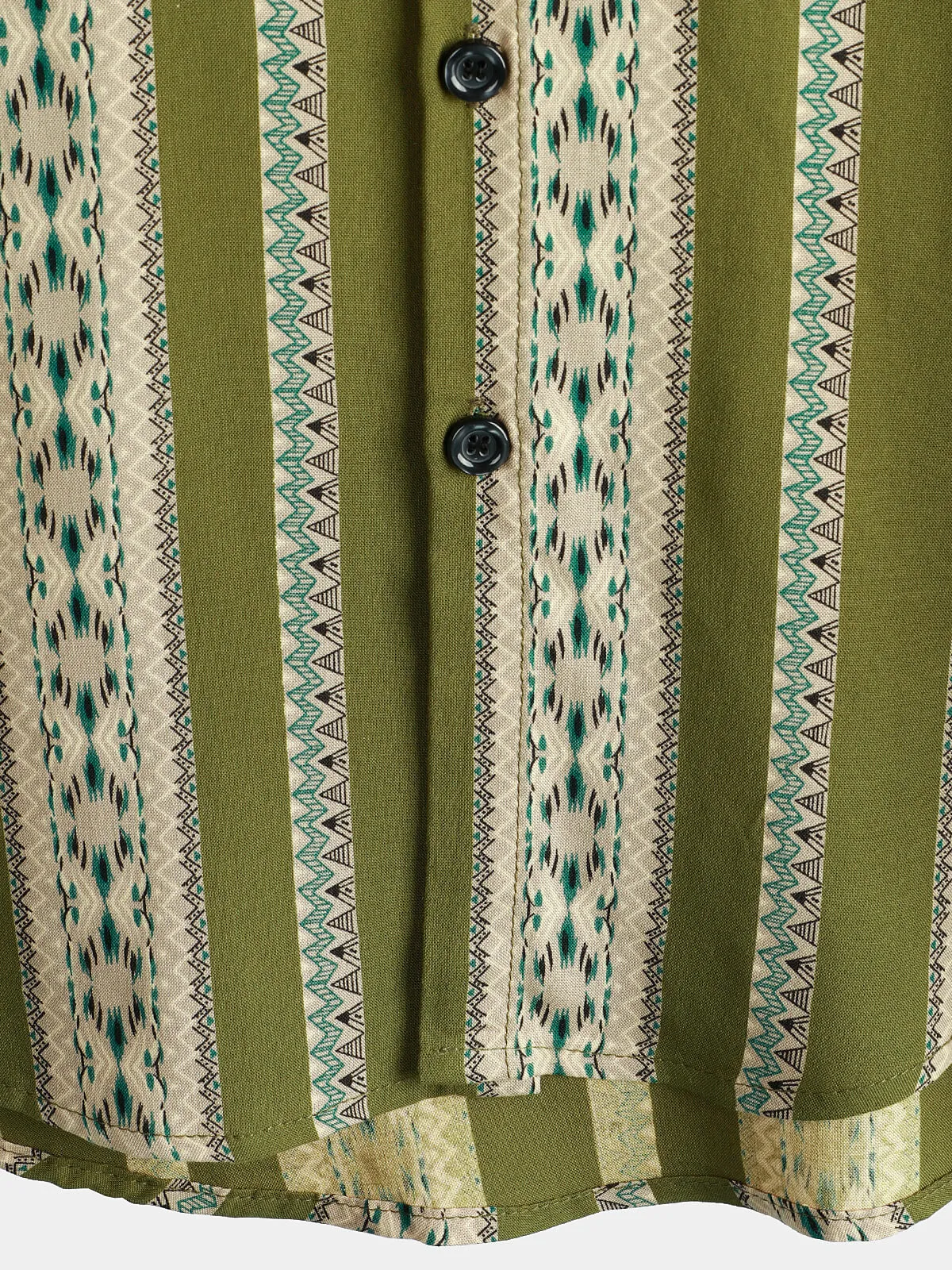 Men's Green Striped Vintage Short Sleeve 70s Aztec Print Western Button Retro Shirt