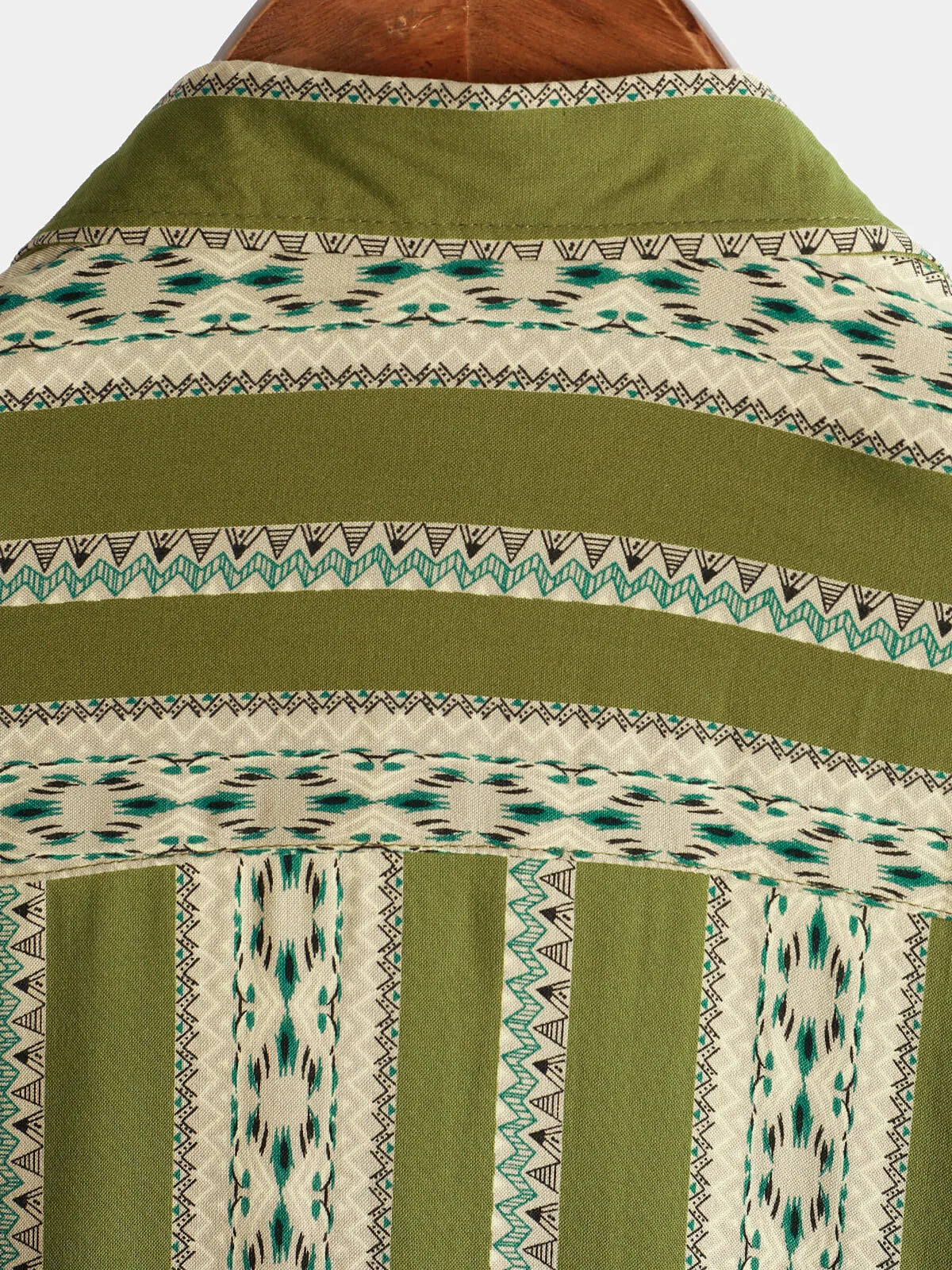 Men's Green Striped Vintage Short Sleeve 70s Aztec Print Western Button Retro Shirt