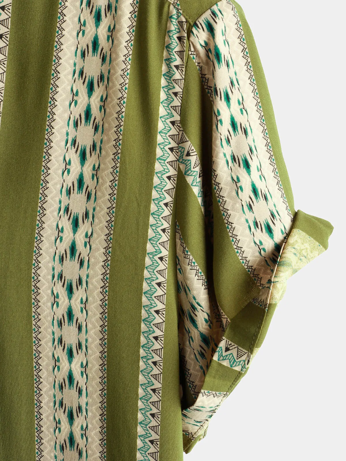Men's Green Striped Vintage Short Sleeve 70s Aztec Print Western Button Retro Shirt