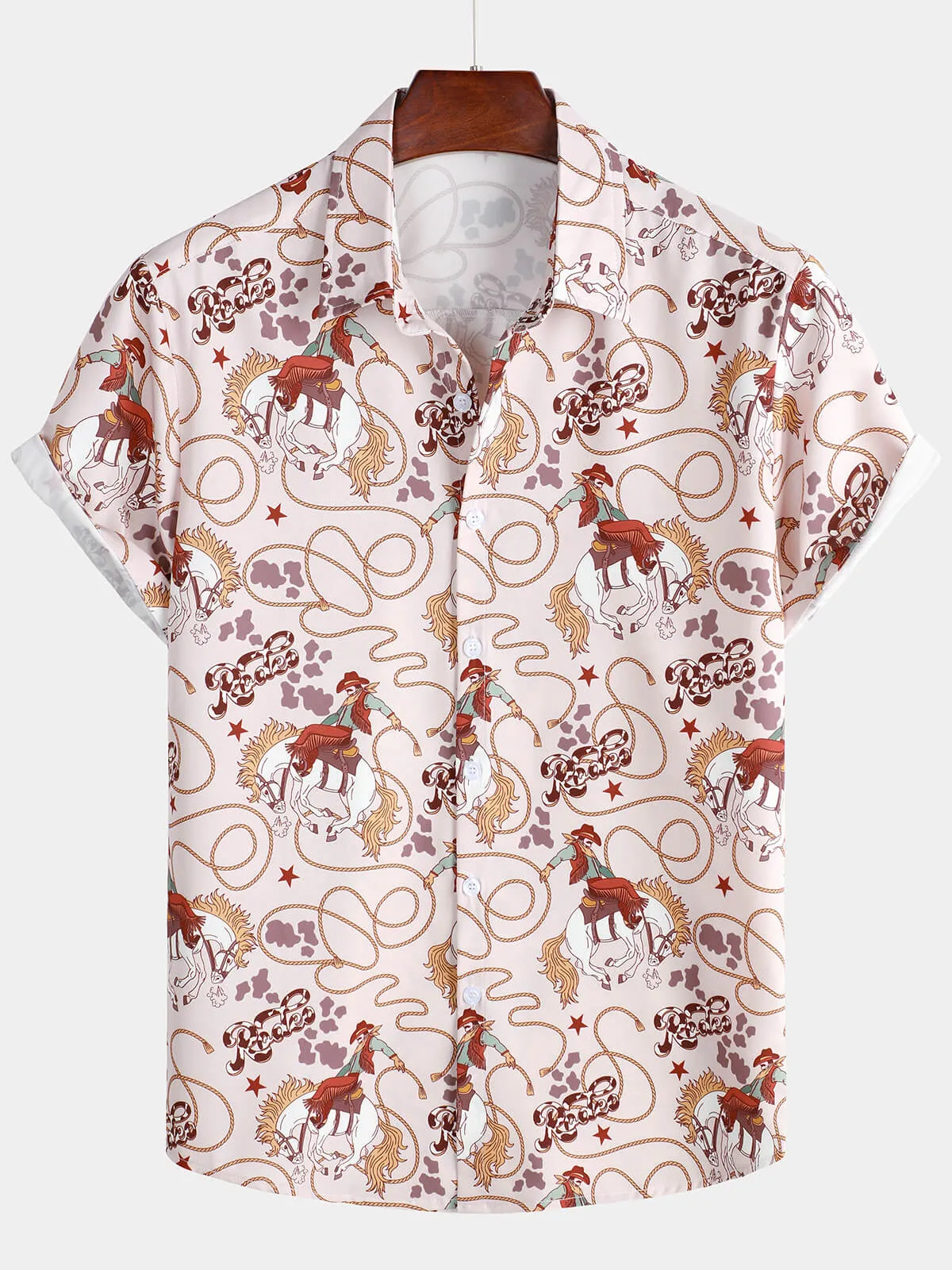 Men's Holiday Casual 70s Cowboy Western  Button Up Short Sleeve Shirt