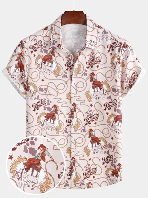 Men's Holiday Casual 70s Cowboy Western  Button Up Short Sleeve Shirt