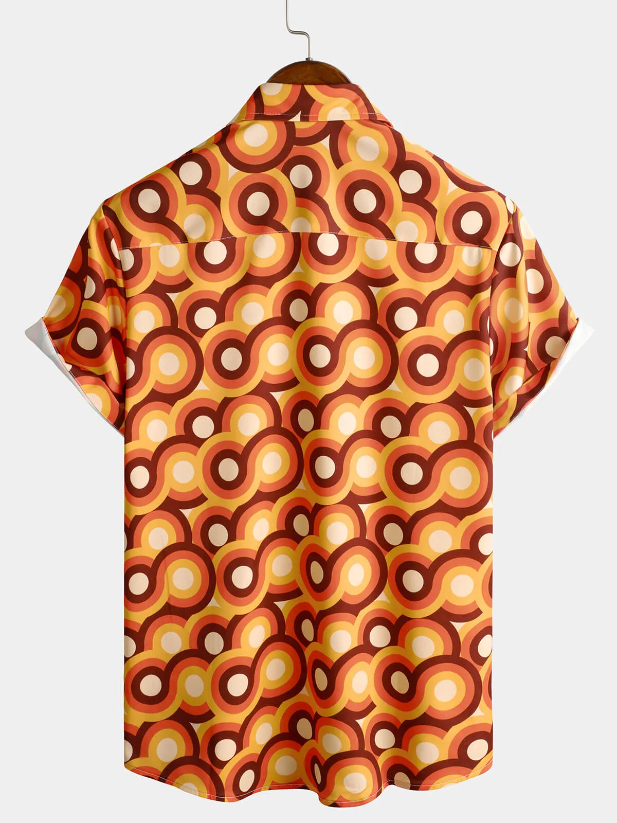 Men's Orange 70s Retro Button Up Vintage Geometric Circle Summer Beach Short Sleeve Shirt