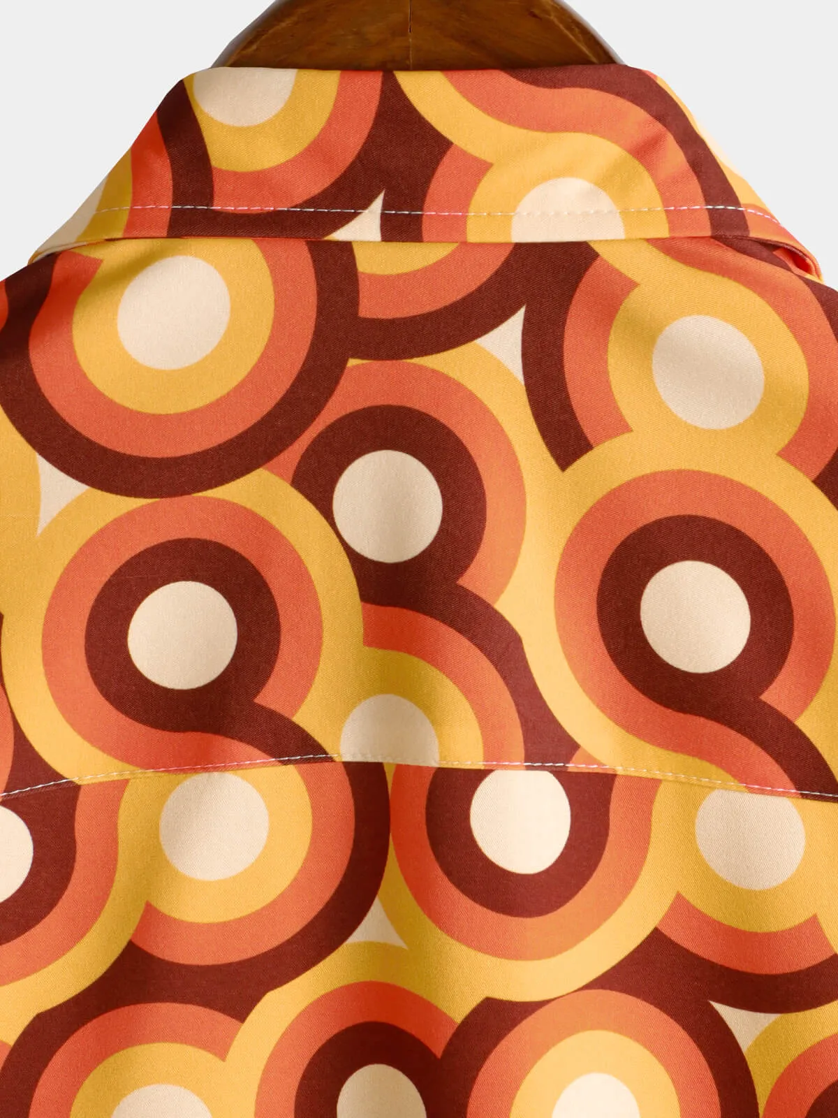 Men's Orange 70s Retro Button Up Vintage Geometric Circle Summer Beach Short Sleeve Shirt