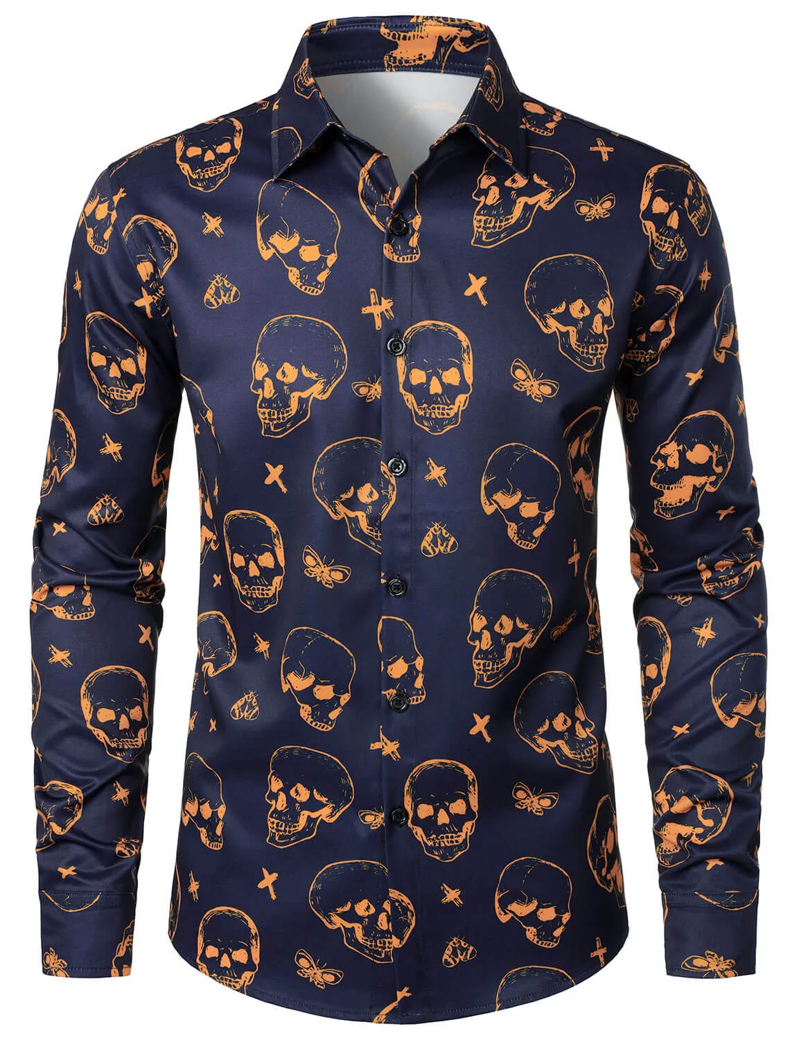 Men's Orange Skull Print Art Graphic Button Up Long Sleeve Shirt