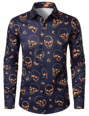 Men's Orange Skull Print Art Graphic Button Up Long Sleeve Shirt