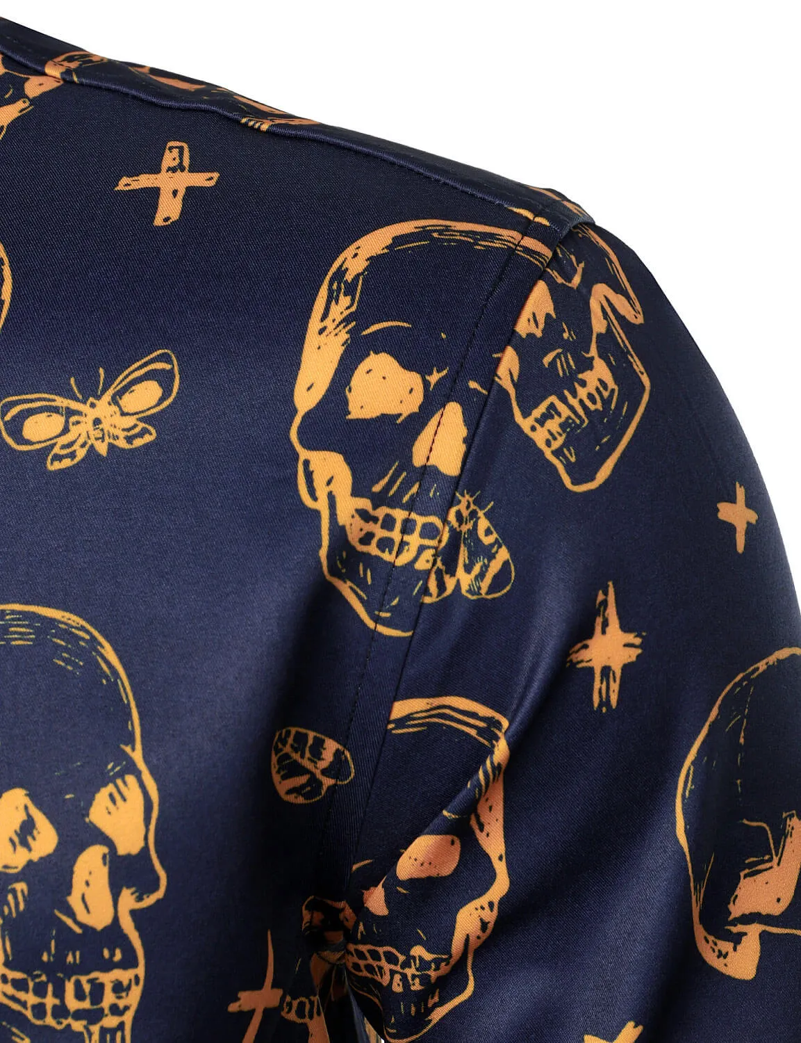 Men's Orange Skull Print Art Graphic Button Up Long Sleeve Shirt