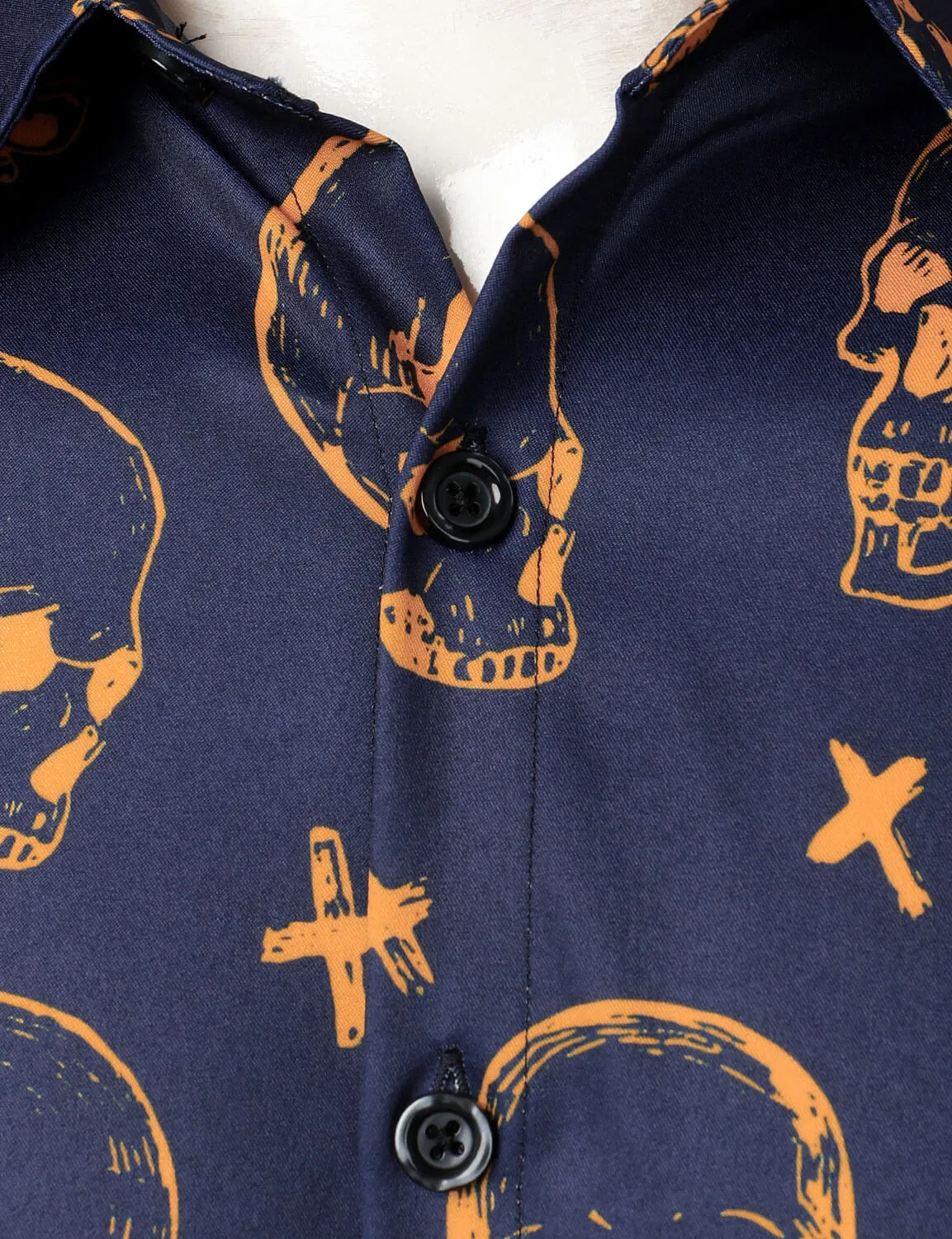 Men's Orange Skull Print Art Graphic Button Up Long Sleeve Shirt