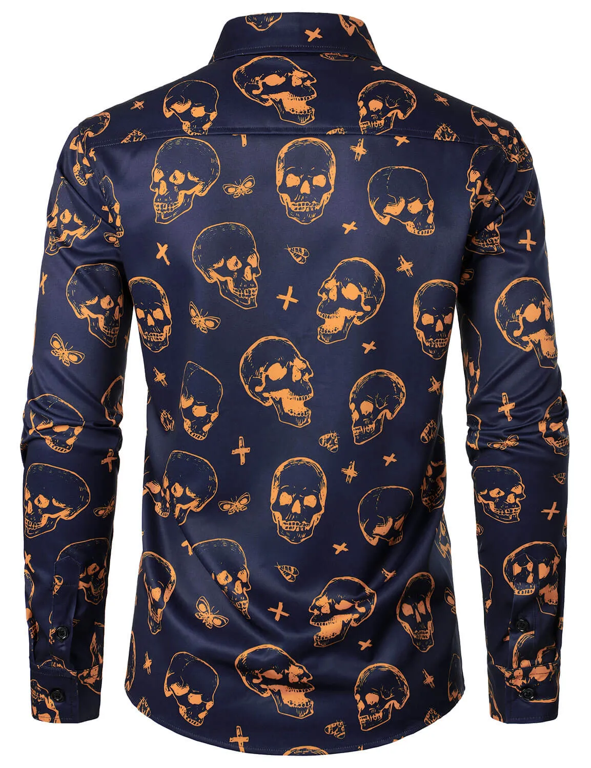Men's Orange Skull Print Art Graphic Button Up Long Sleeve Shirt